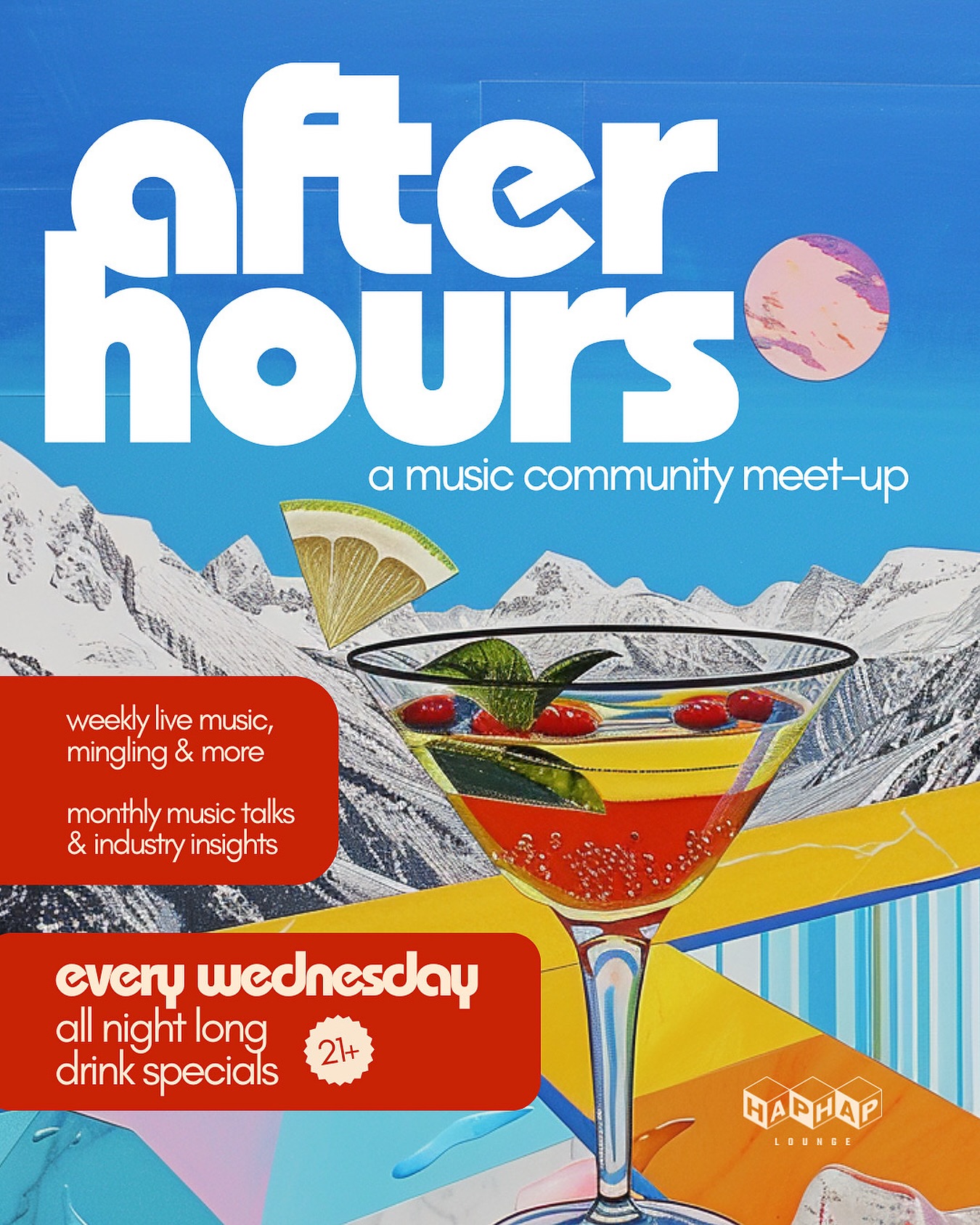 After Hours ✨
Every Wednesday in the lounge!
A music community meet-up
drink specials all night!!

Meet-up starts at 6pm
Live music 7-10pm 
featuring After Hours: DJ Simulator A Vinyl Open Decks Session 

🍻 1/2 off spaghett
🍺 1/2 off high life
🍹$5 wells
all night long!
live music! 🎵
industry talks! 💬
meet-ups! 🤝
music video screenings! 🎥
21+