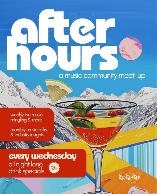 After Hours ✨
Every Wednesday in the lounge!
A music community meet-up
drink specials all night!!

Meet-up starts at 6pm
Live music 7-10pm 
featuring After Hours: DJ Simulator A Vinyl Open Decks Session 

🍻 1/2 off spaghett
🍺 1/2 off high life
🍹$5 wells
all night long!
live music! 🎵
industry talks! 💬
meet-ups! 🤝
music video screenings! 🎥
21+