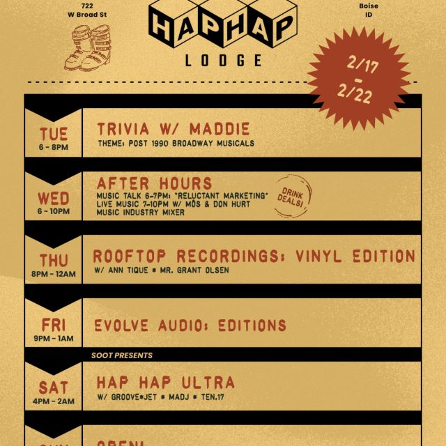 This week at Hap Hap 💕
Trivia, events, and fresh sets from some of our favorite DJs ‼️

2/17 - TRIVIA w/ @musheno.m 
2/18 - AFTER HOURS 
2/19 - ROOFTOP RECORDINGS
2/20 - EVOLVE AUDIO 
2/21 - HAP HAP ULTRA
2/22 - OPEN 

Come early, stay late.

*All Hap Hap events are now available on @dicefm