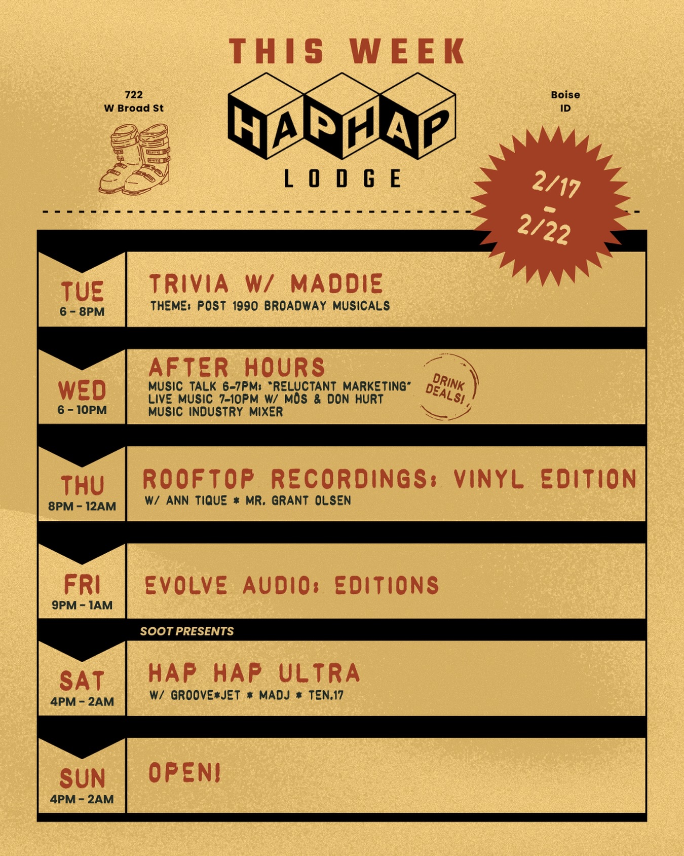 This week at Hap Hap 💕
Trivia, events, and fresh sets from some of our favorite DJs ‼️

2/17 - TRIVIA w/ @musheno.m 
2/18 - AFTER HOURS 
2/19 - ROOFTOP RECORDINGS
2/20 - EVOLVE AUDIO 
2/21 - HAP HAP ULTRA
2/22 - OPEN 

Come early, stay late.

*All Hap Hap events are now available on @dicefm