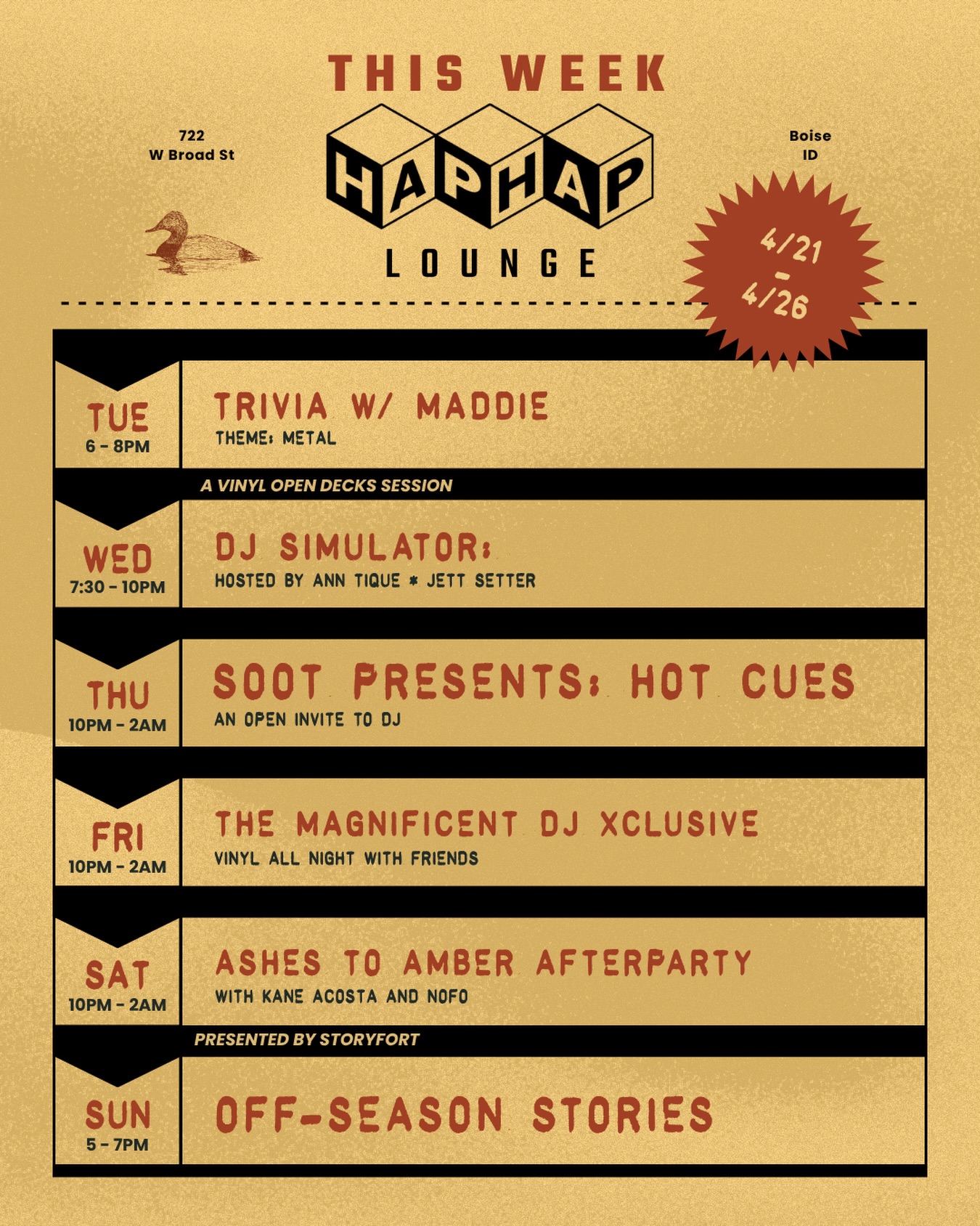 This week at Hap Hap! 
Trivia, events, and fresh sets from some of our favorite DJs ‼️

4/21 - TRIVIA w/ @musheno.m 
4/22 - DJ SIMULATOR 
4/23 - @sootsounds PRESENTS: HOT CUES
4/24 - @xclusivelifela 
4/25 - @ashestoamber AFTERPARTY
4/26 - OFF SEASON STORIES

Come early, stay late.

*All Hap Hap events are now available on @dicefm