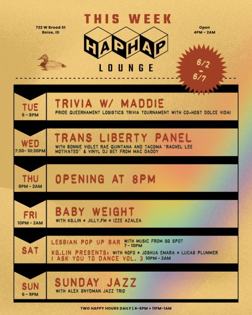 This week at Hap Hap! 🏳️‍🌈
Pride Queernaments, events, and fresh sets from some of our favorite DJs ‼️

6/2 - TRIVIA w/ @musheno.m 
6/3 - TRANS LIBERTY PANEL 
6/4 - OPENING AT 8PM
6/5 - @babyweightmusic 
6/6 - LESBIAN POP UP BAR & @kglin.co I ASK YOU TO DANCE VOL. 4
6/7 - SUNDAY JAZZ

Come early, stay late.

*All Hap Hap events are now available on @dicefm